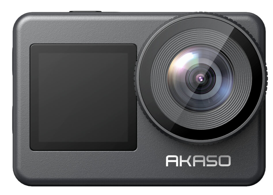 Czarna kamera sportowa Akaso z obiektywem i ekranem, na białym tle.
