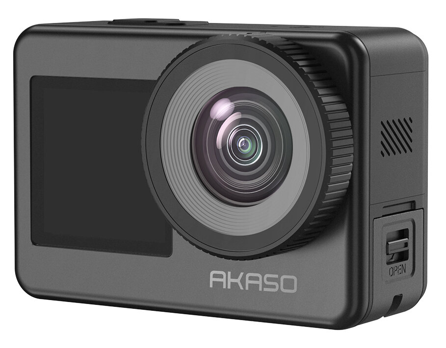 Czarna kamera sportowa z dużym obiektywem, widoczna nazwa marki AKASO.