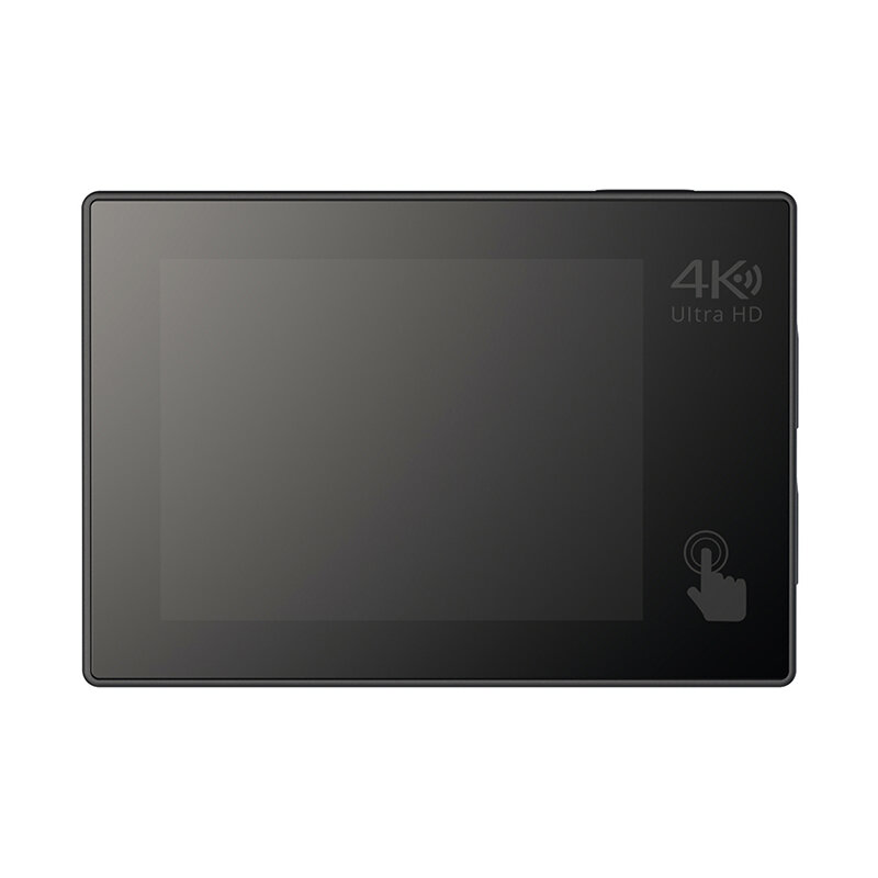 Czarny ekran kamery sportowej z ikoną dotyku i tekstem 4K Ultra HD. Białe tło.