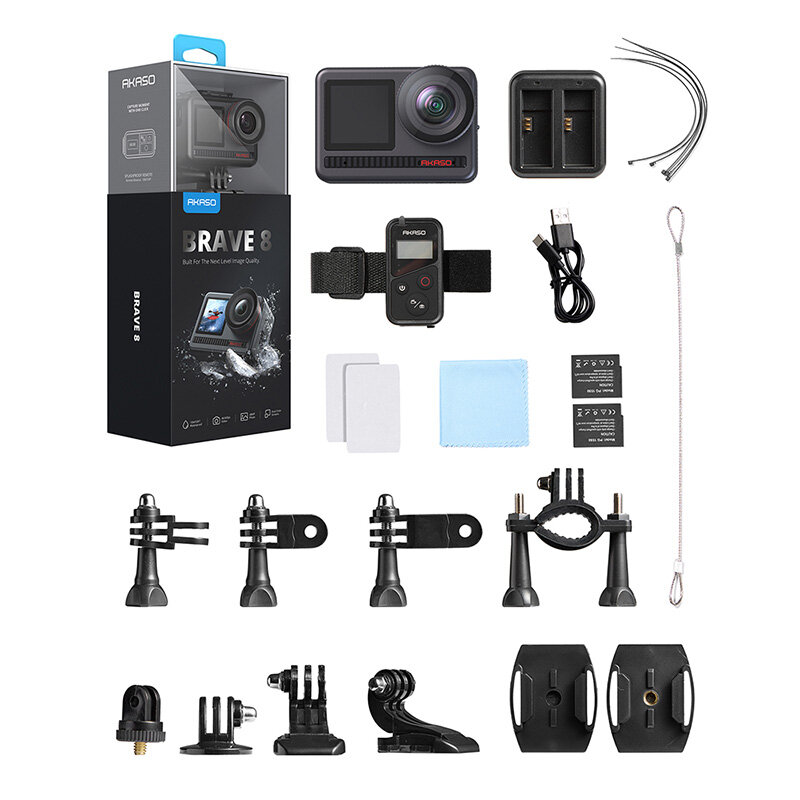 Zestaw kamery sportowej z różnymi akcesoriami, w tym kamerą, bateriami i uchwytami.