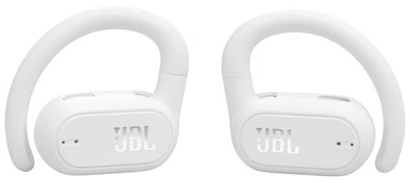 Białe słuchawki JBL z haczykami na uszy, prosty design. Widoczne logo JBL.