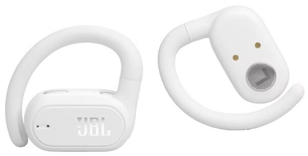 Para białych bezprzewodowych słuchawek JBL na białym tle.