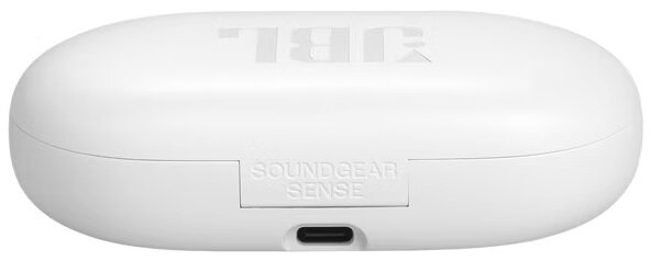 Białe etui ładujące do słuchawek JBL Soundgear Sense. Port typu C.