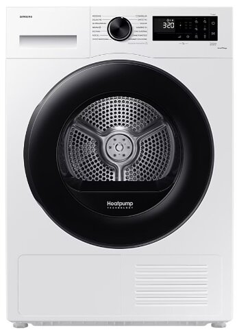 Biała suszarka Samsung. Ma czarne drzwi i cyfrowy wyświetlacz u góry.