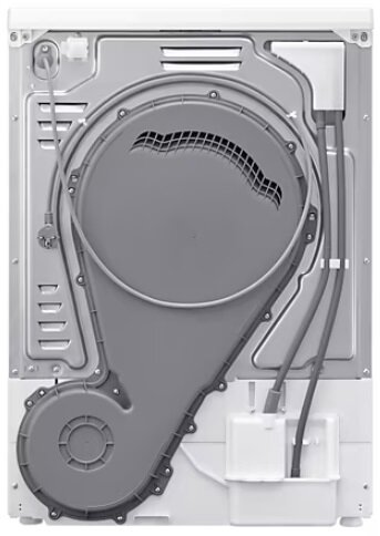 Widok z tyłu białej suszarki, z elementami wewnętrznymi i rurkami. Szary wentylator i rury.