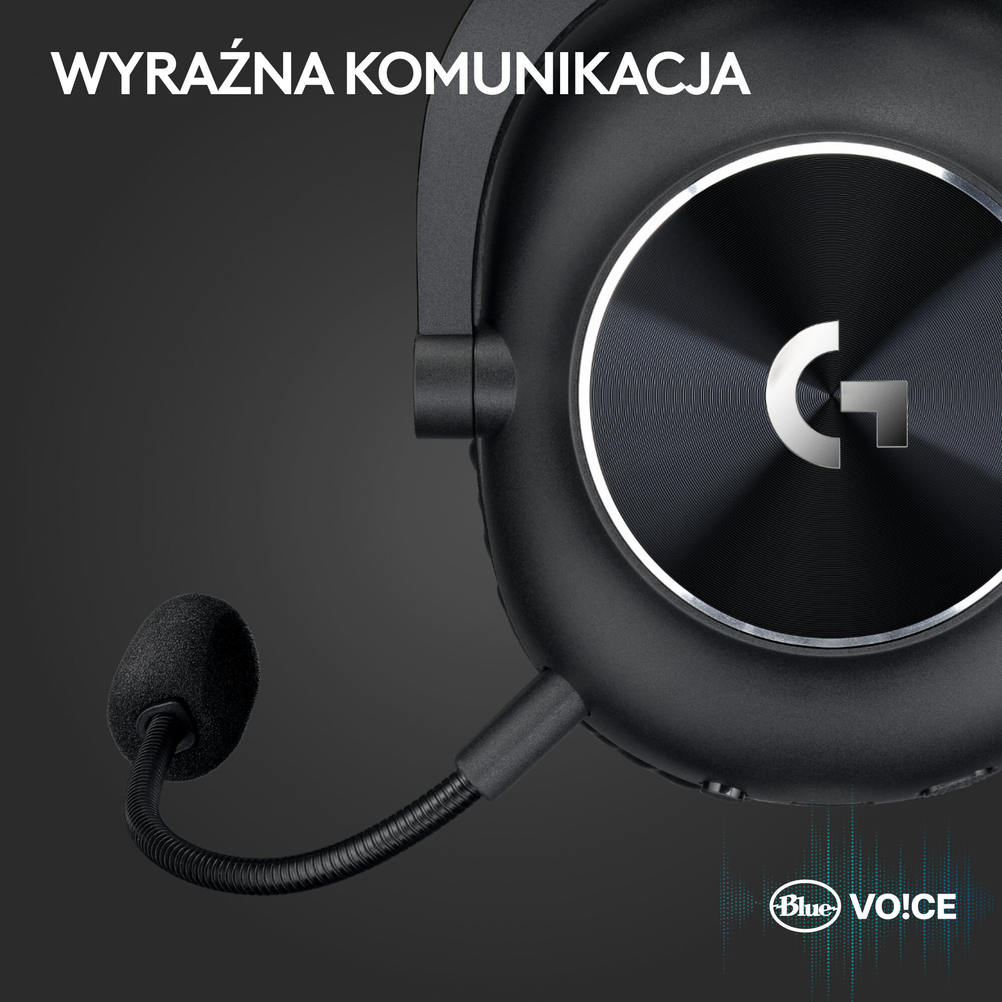 Czarny zestaw słuchawkowy z mikrofonem i tekstem 'WYRAŹNA KOMUNIKACJA' i 'Blue VO!CE'.