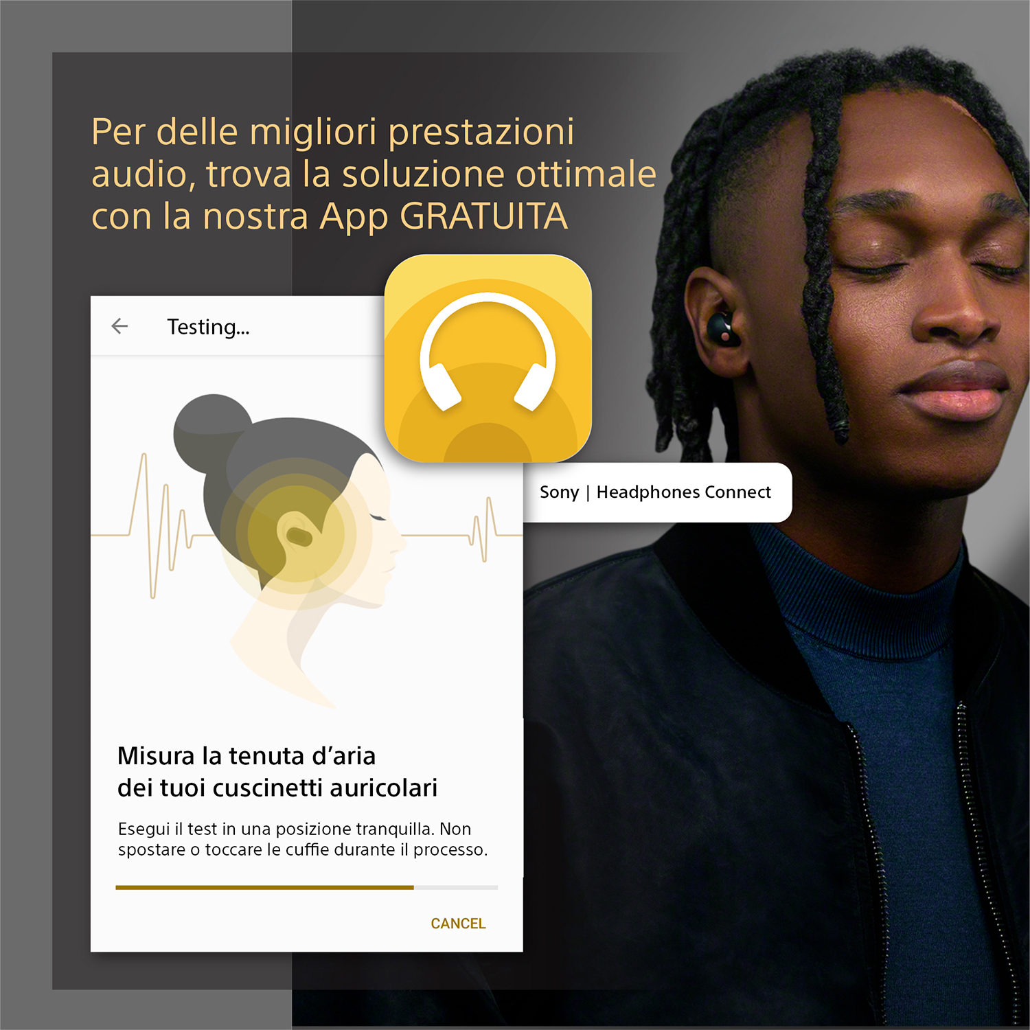 Persona che usa auricolari, lo schermo del telefono mostra un'app per il test dell'adattamento.