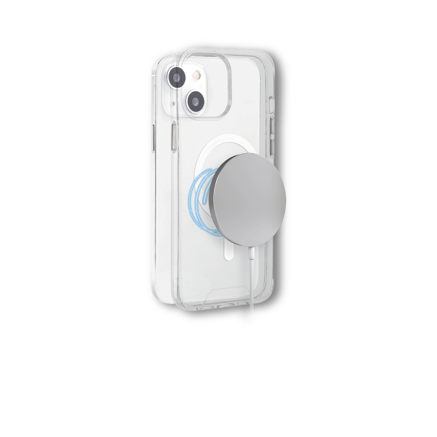 iPhone met een doorzichtige hoes en een zilveren MagSafe-oplader bevestigd op zwarte achtergrond.