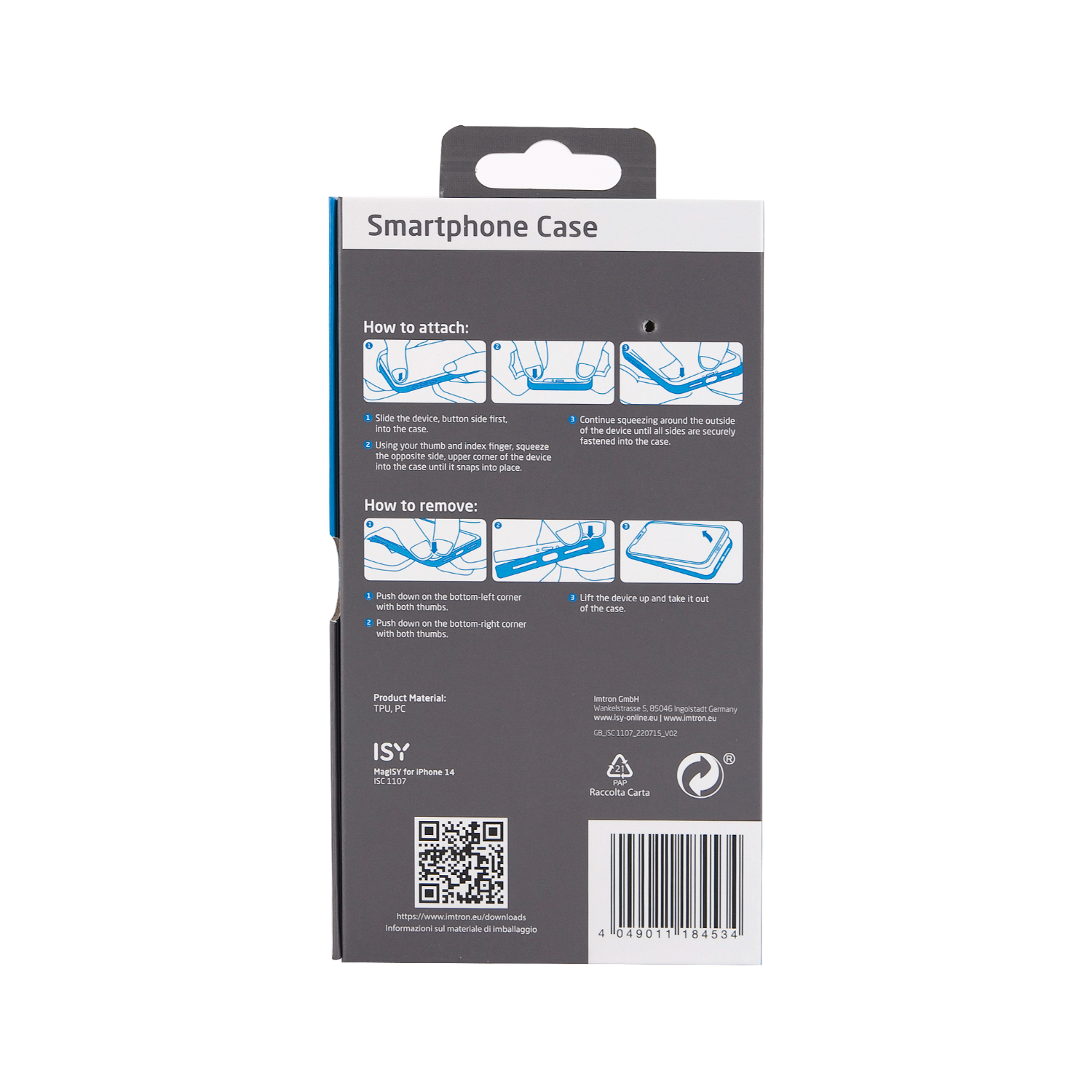 Verpakking van smartphonehoesje. Toont hoesje, instructies en productdetails.