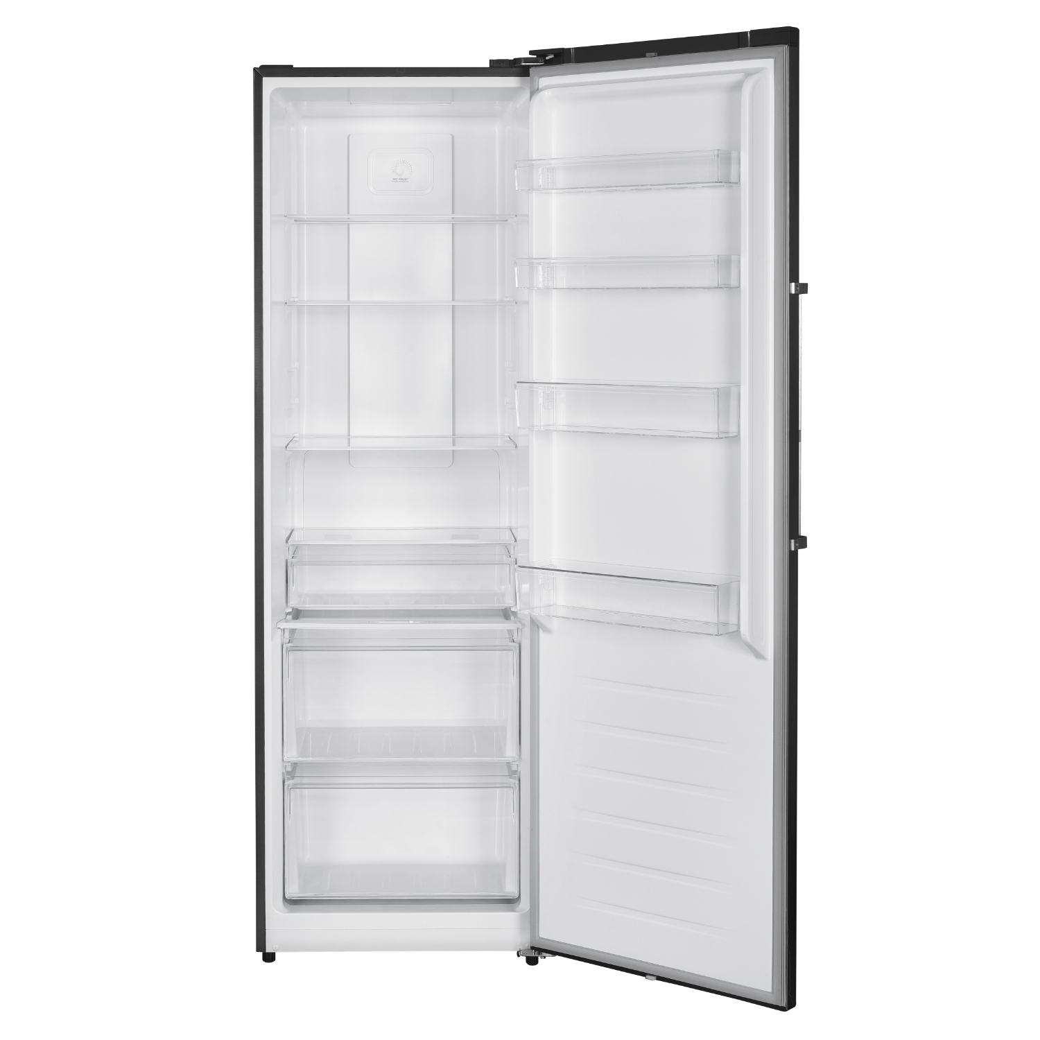 Open black refrigerator with glass shelves and drawers. White interior.