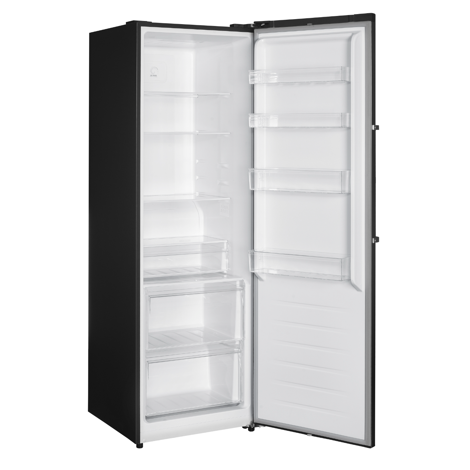 Black refrigerator with an open door, revealing shelves and drawers. White interior.