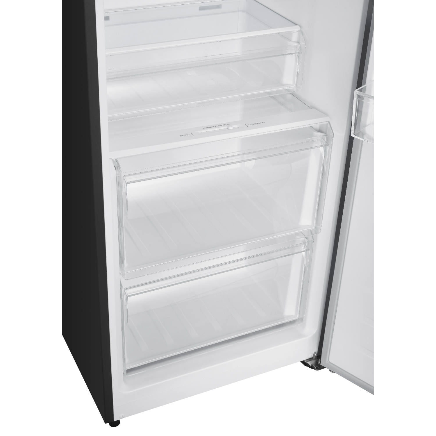 The inside of a refrigerator showing clear plastic drawers.