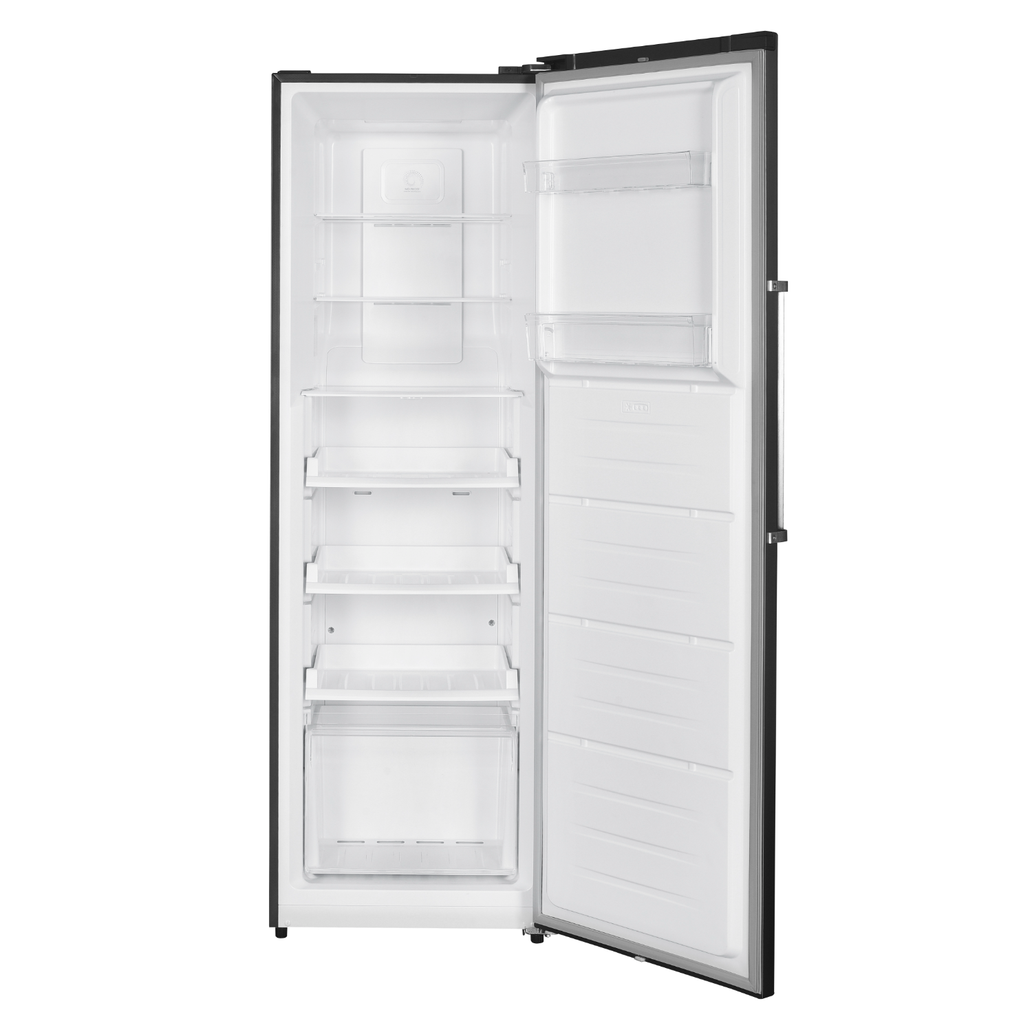 Black refrigerator with the door open showing shelves.