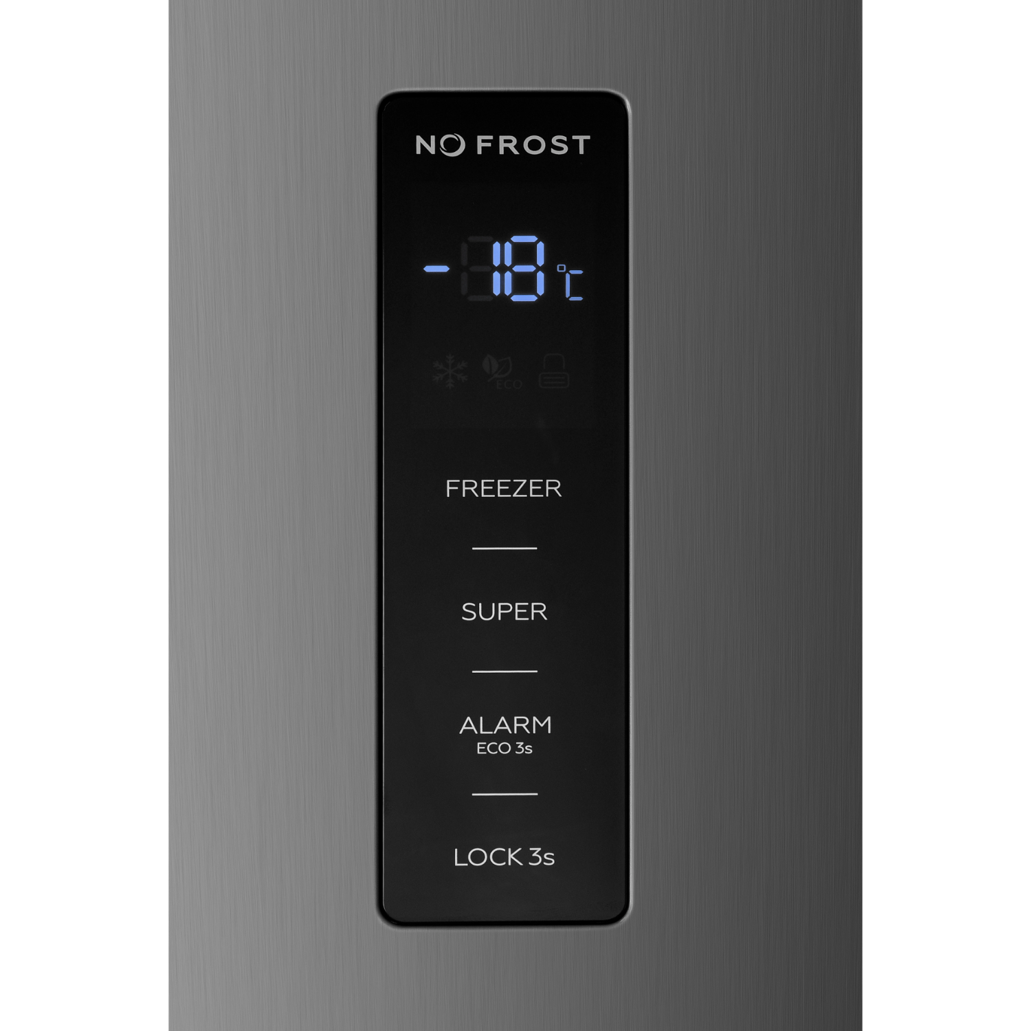 Refrigerator control panel with digital display showing temperature, black background.