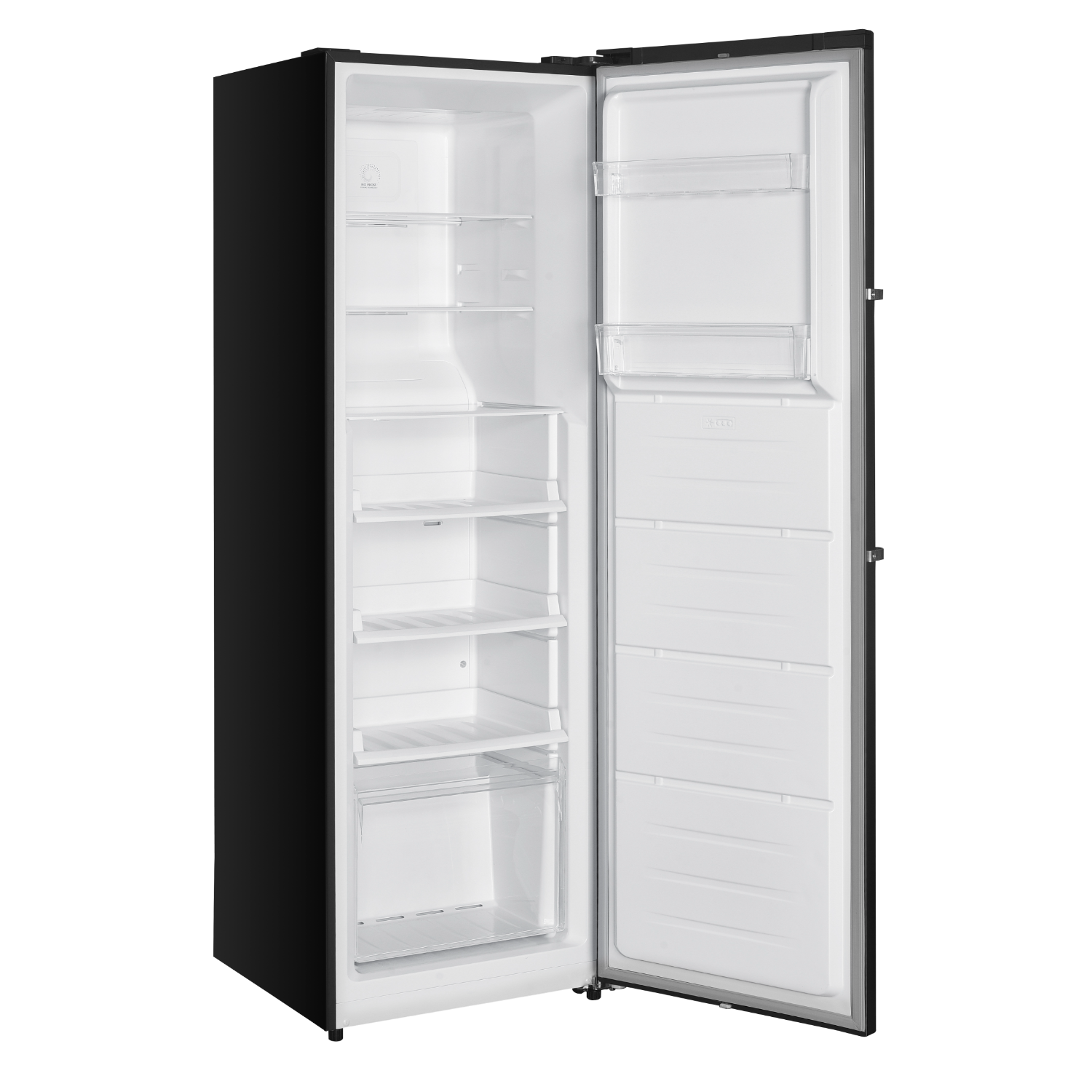 Black, open refrigerator on a white background. Shelves and drawers are visible inside.
