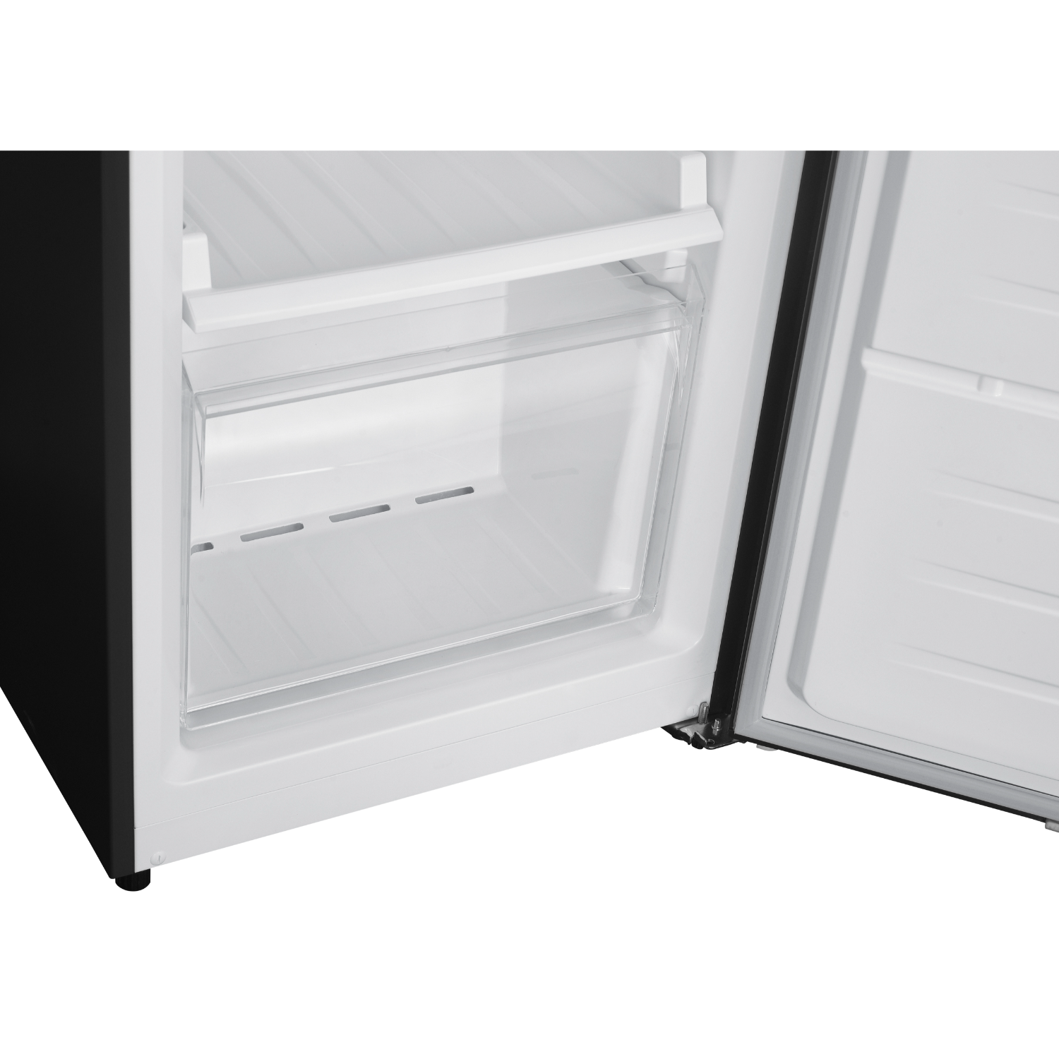 Opened fridge. Clear plastic drawer inside. Black and white interior. Door open, revealing contents.