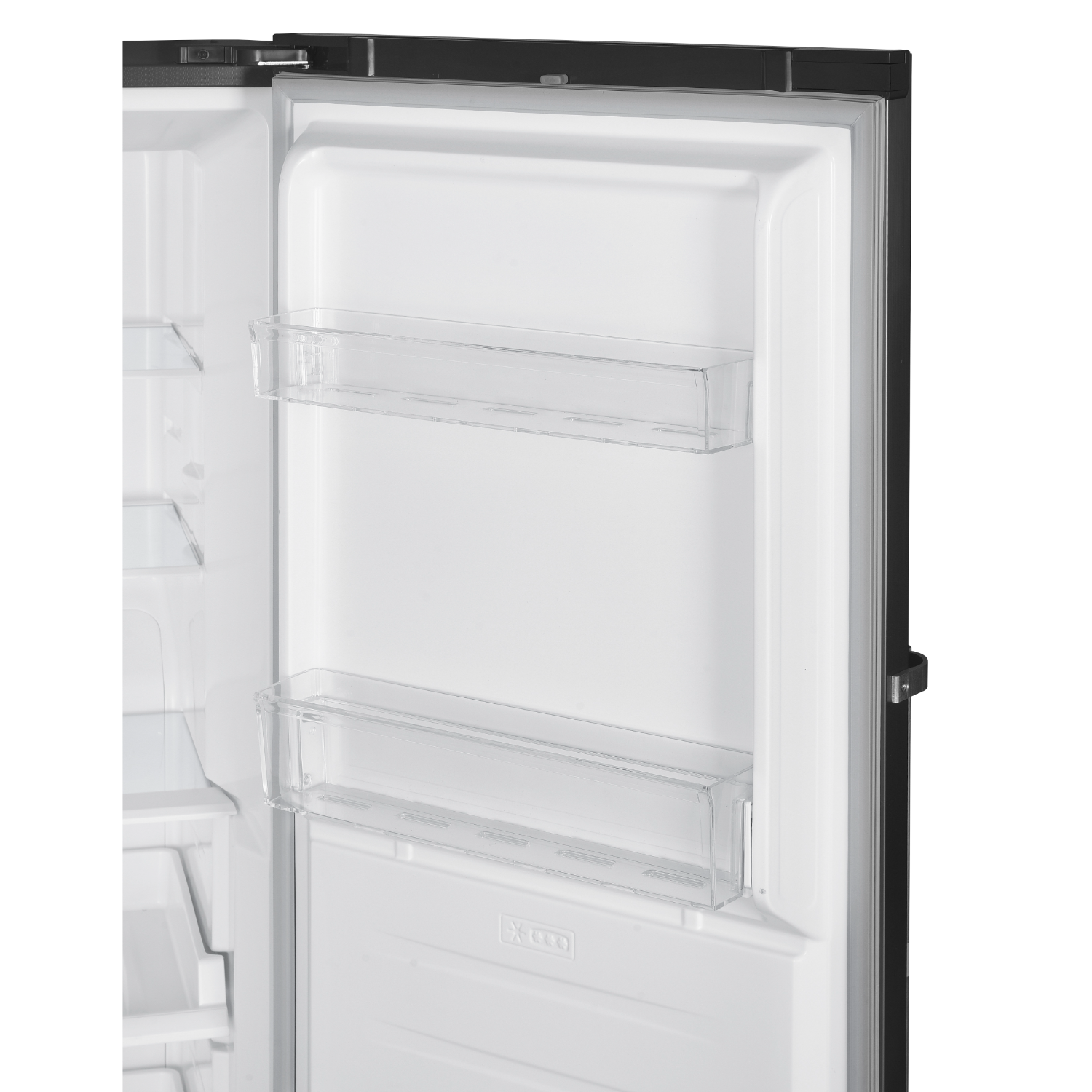 Open refrigerator interior with shelves, clear plastic containers, and an open door. Black frame.