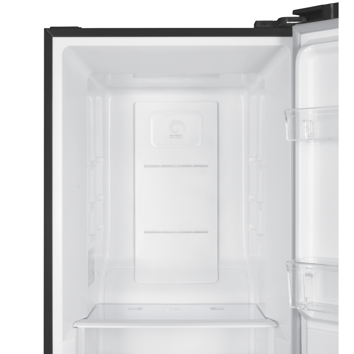 Empty refrigerator interior with shelves and a 'NO FROST' panel.