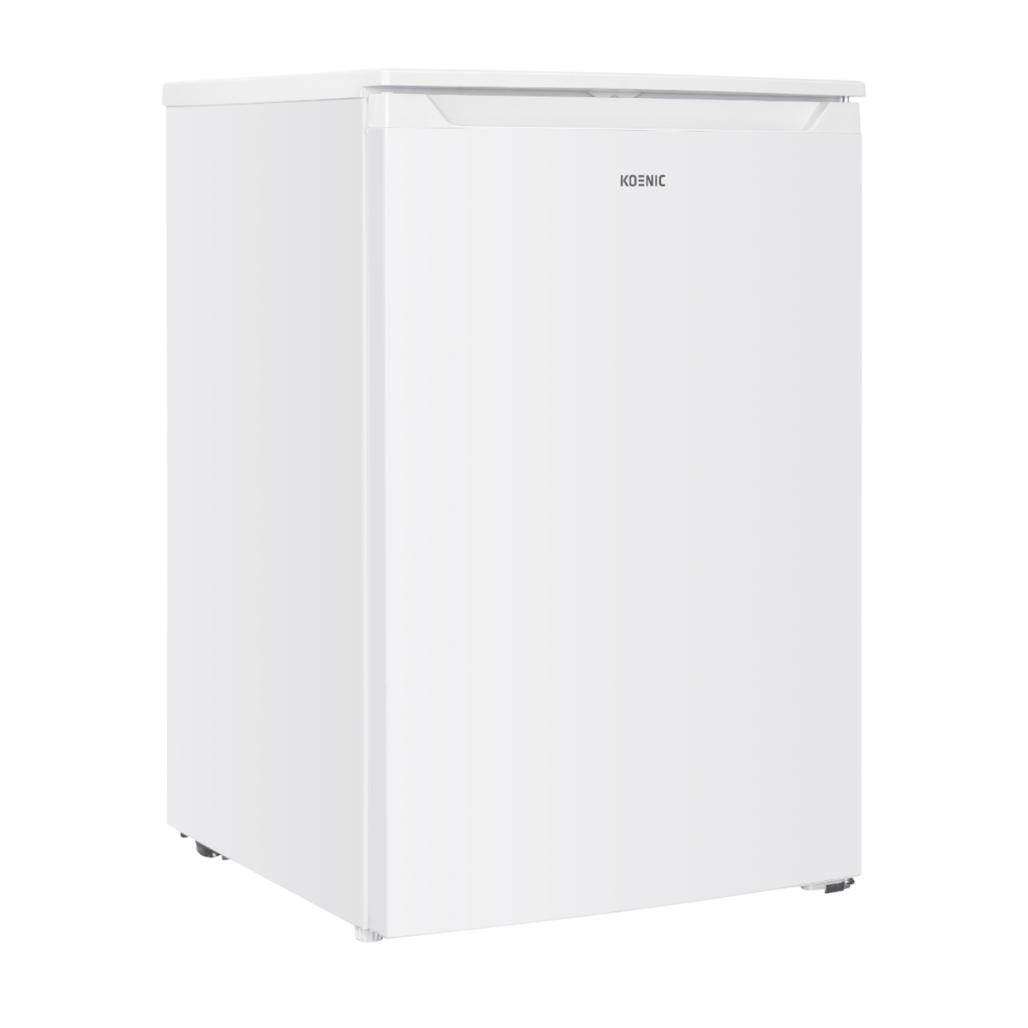 White mini-fridge with black base, 'KOENIC' written on door.