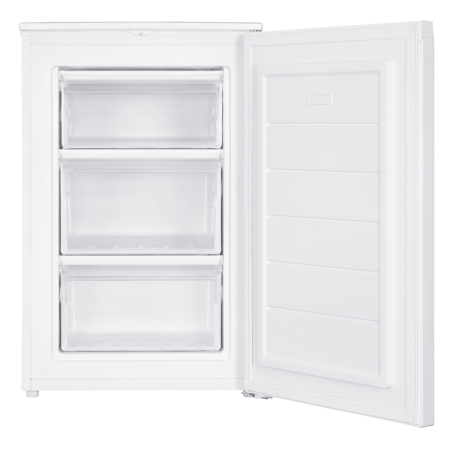 White freezer with three transparent drawers and the door opened, revealing the interior.