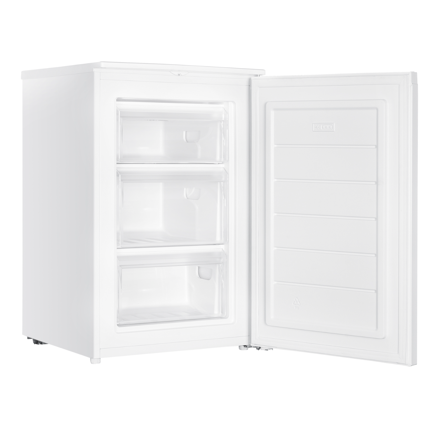 White mini freezer with open door and three drawers. White background.