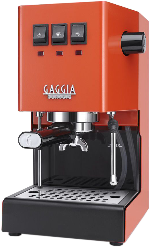 Piros Gaggia Classic eszpresszó gép. Fekete alap, ezüst szűrőtartó és három vezérlőgomb.