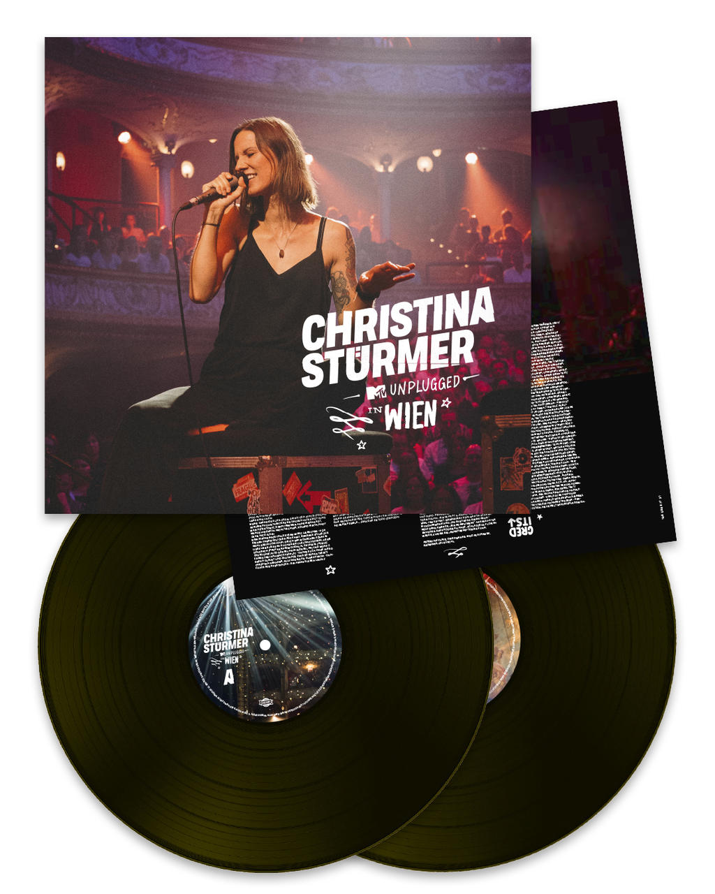 Christina Stürmer Live-Konzert-Albumcover mit zwei dunklen Vinylplatten.