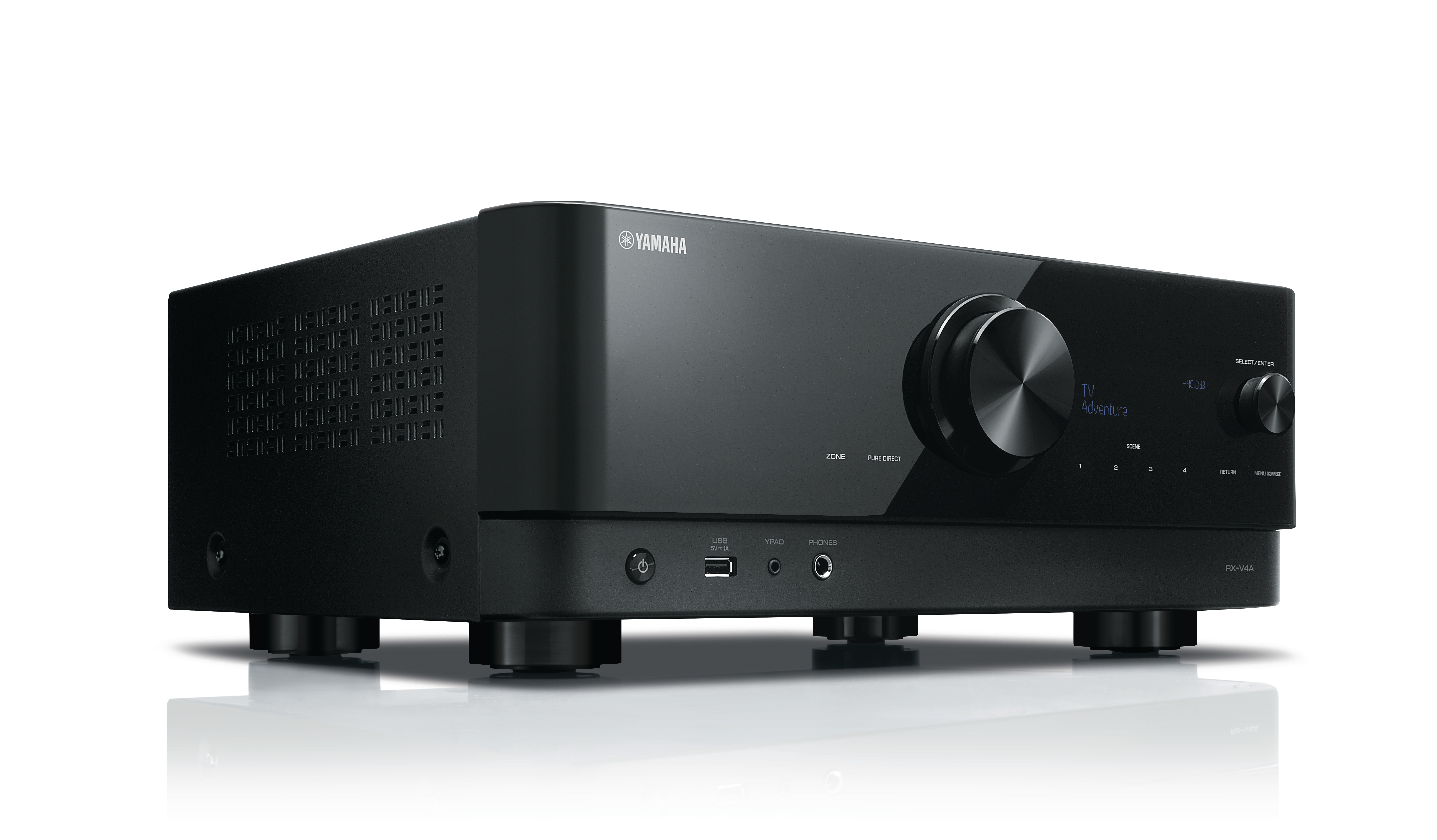 Schwarzer Audio-Video-Receiver mit großem zentralen Knopf und mehreren Tasten.