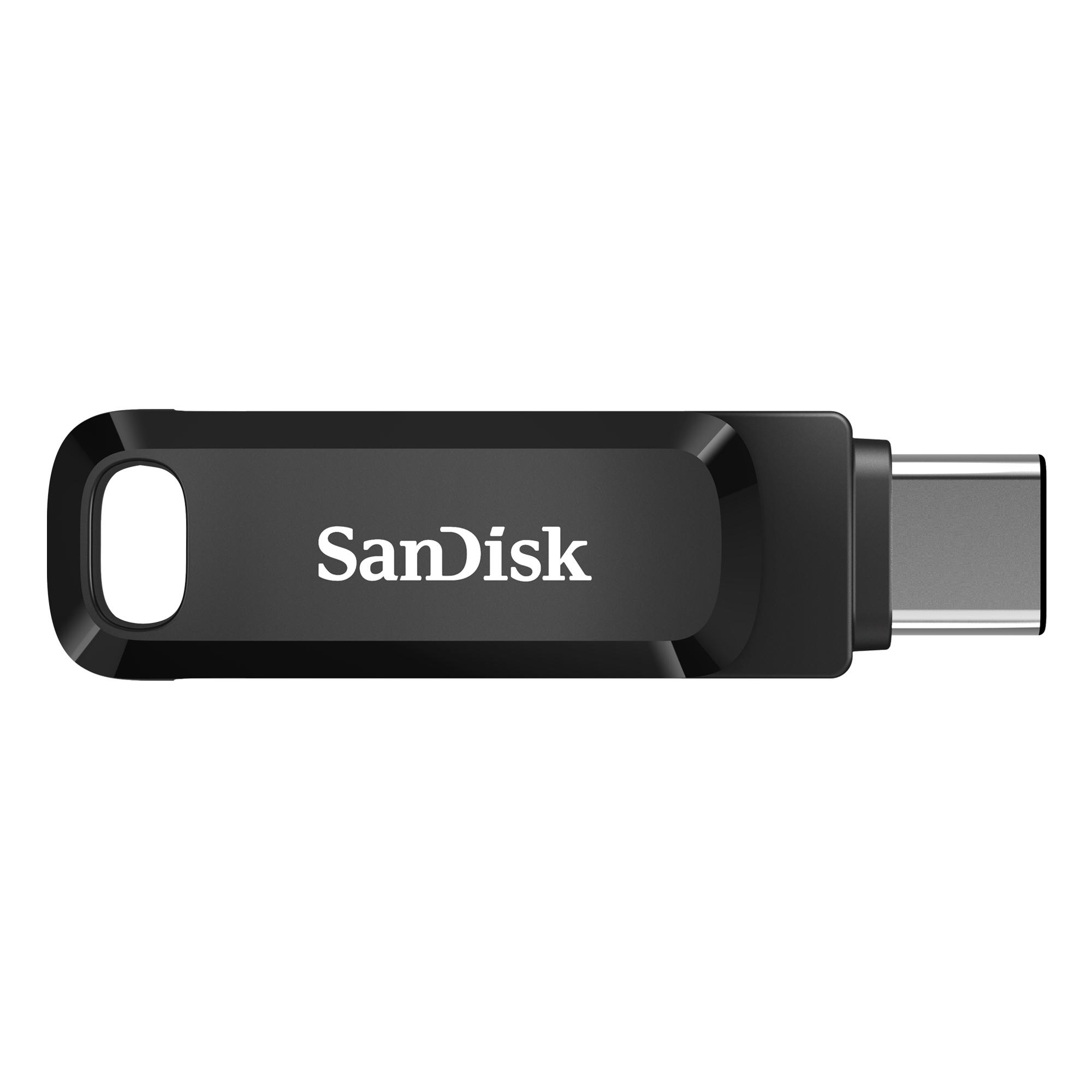 Schwarzer Sandisk USB-Stick mit schwarzem Stecker.
