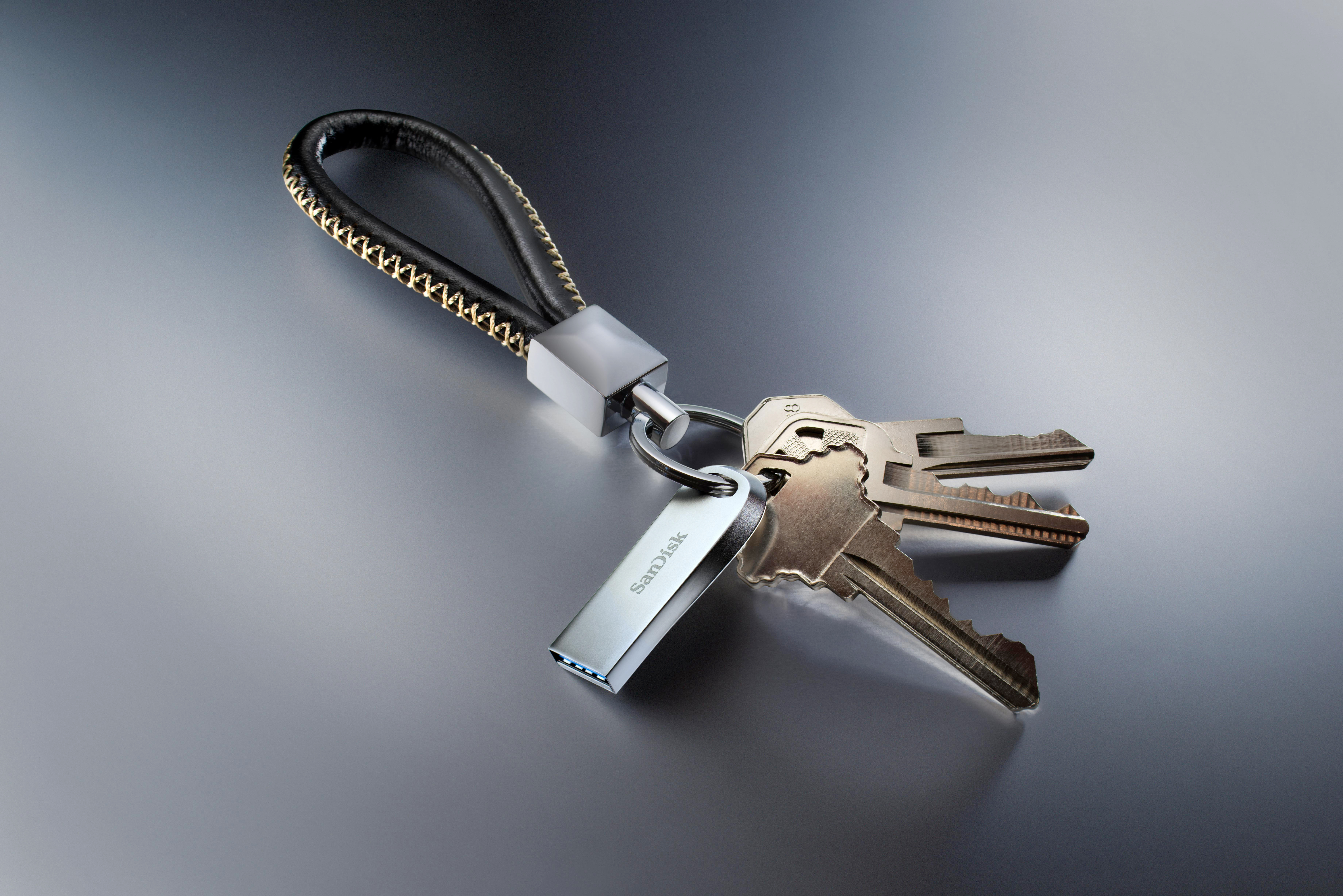Schlüssel und ein silberner USB-Stick, befestigt an einem schwarzen und goldenen Leder-Schlüsselanhänger auf grauer Oberfläche.