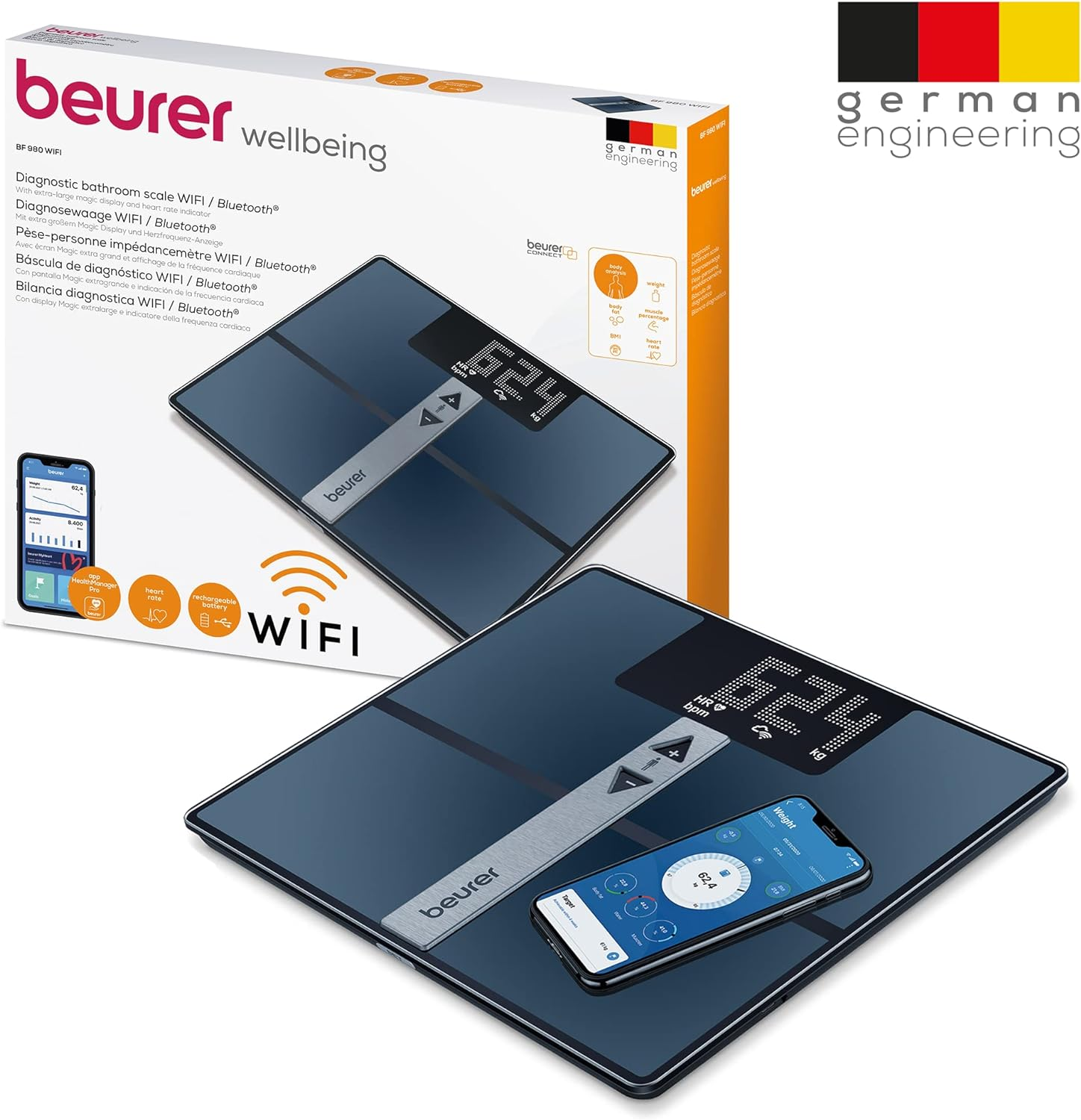 Une balance connectée avec un smartphone affichant des données. Une boîte blanche. Texte d'ingénierie allemande.