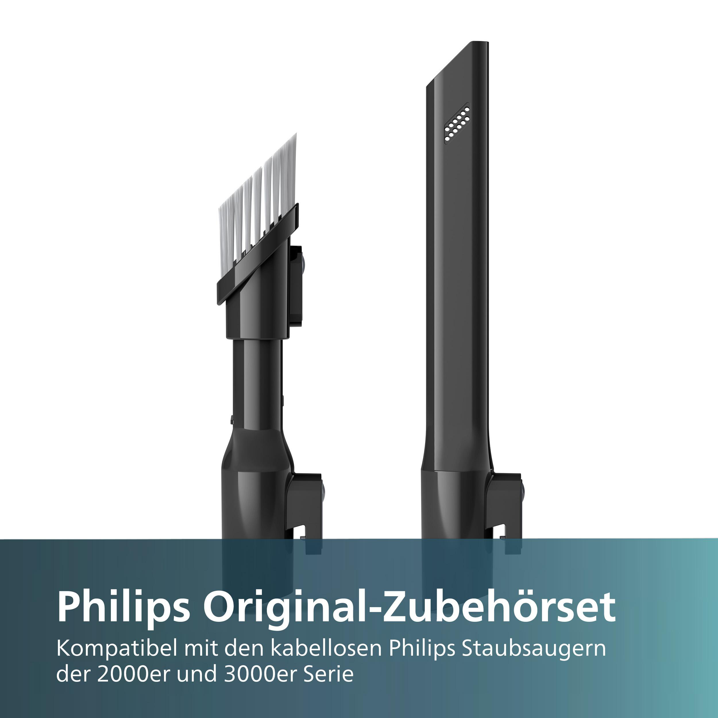 Schwarze und graue Staubsaugeraufsätze mit dem Philips-Logo.