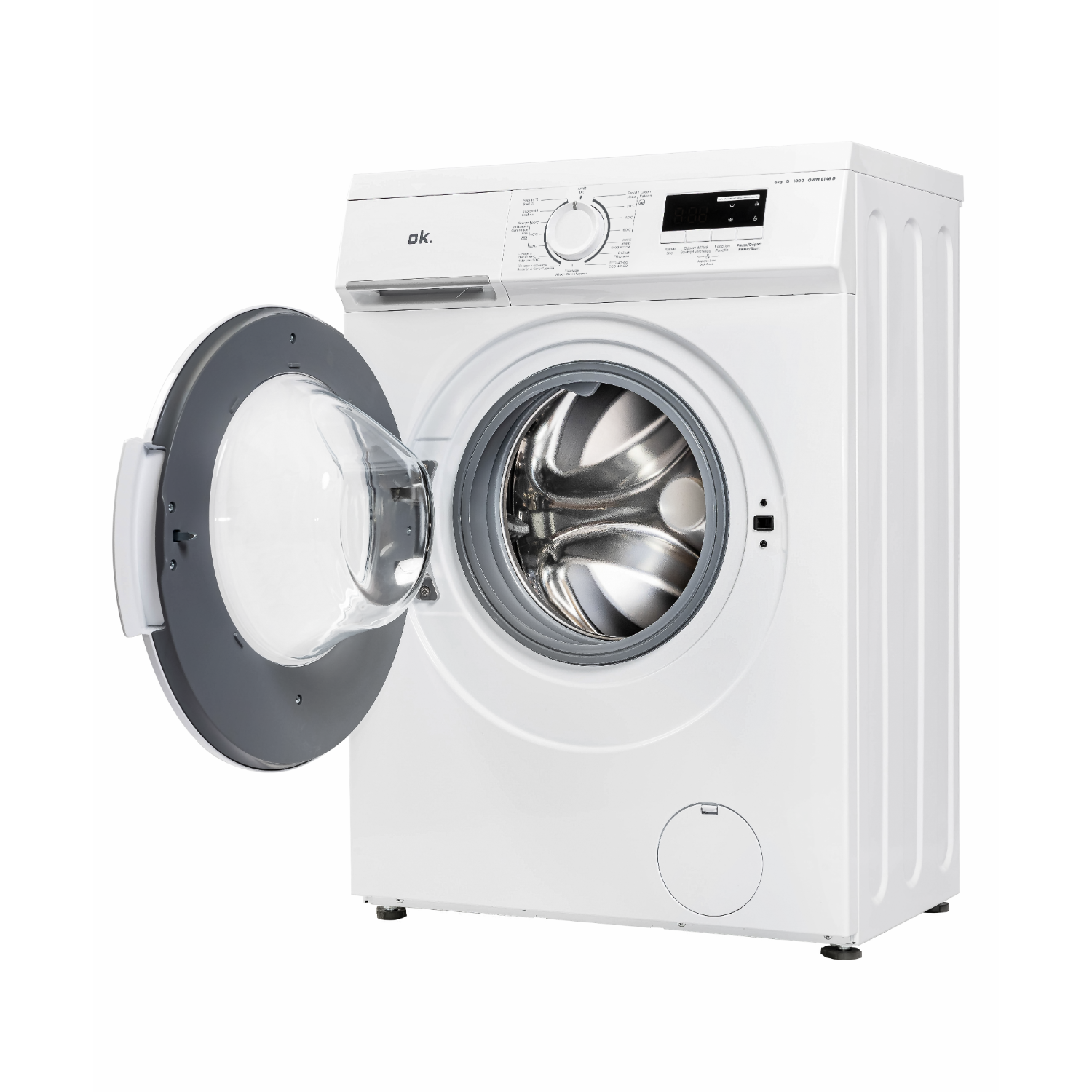 A white washing machine with its door open, revealing a silver drum.