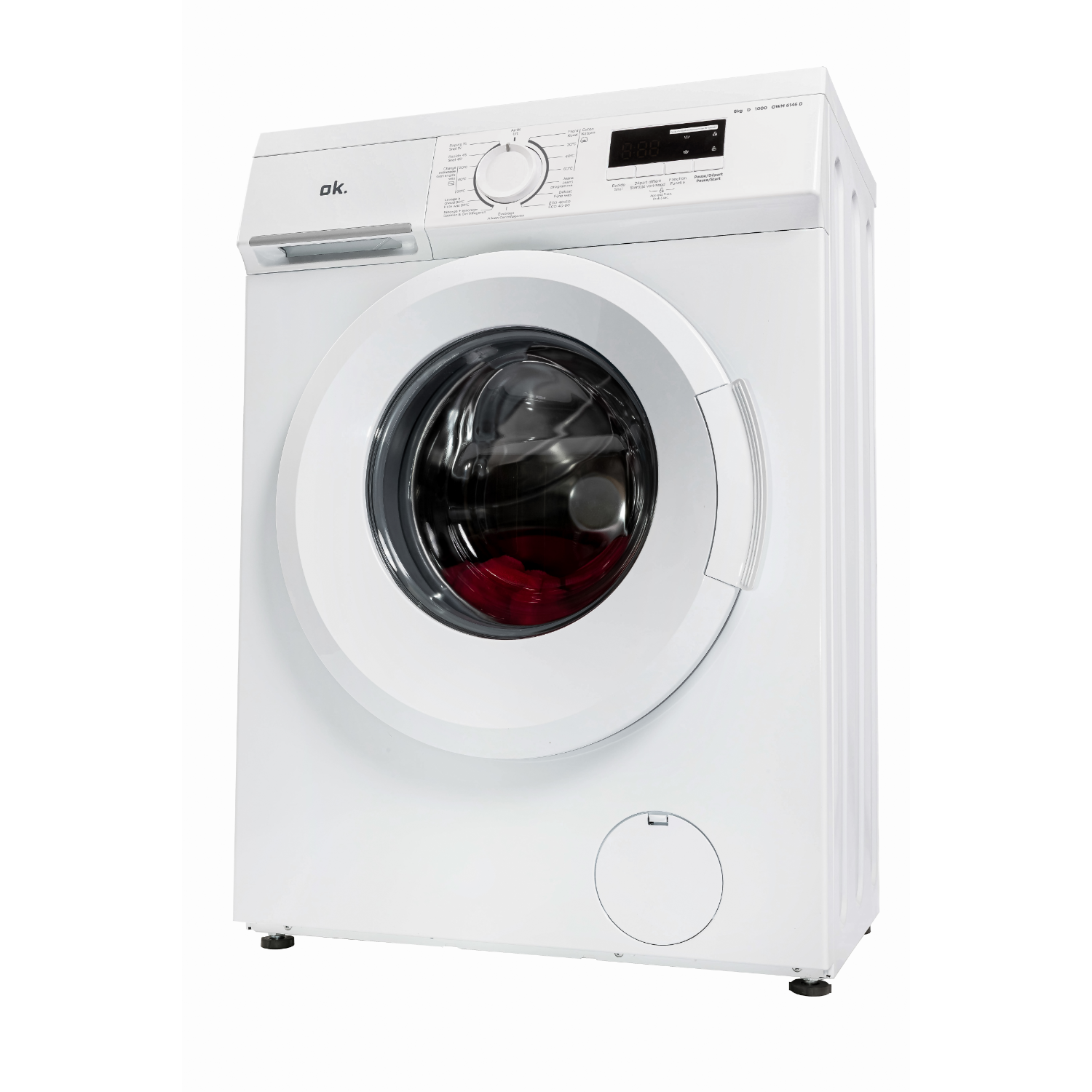 A white washing machine with a digital display and a round door.