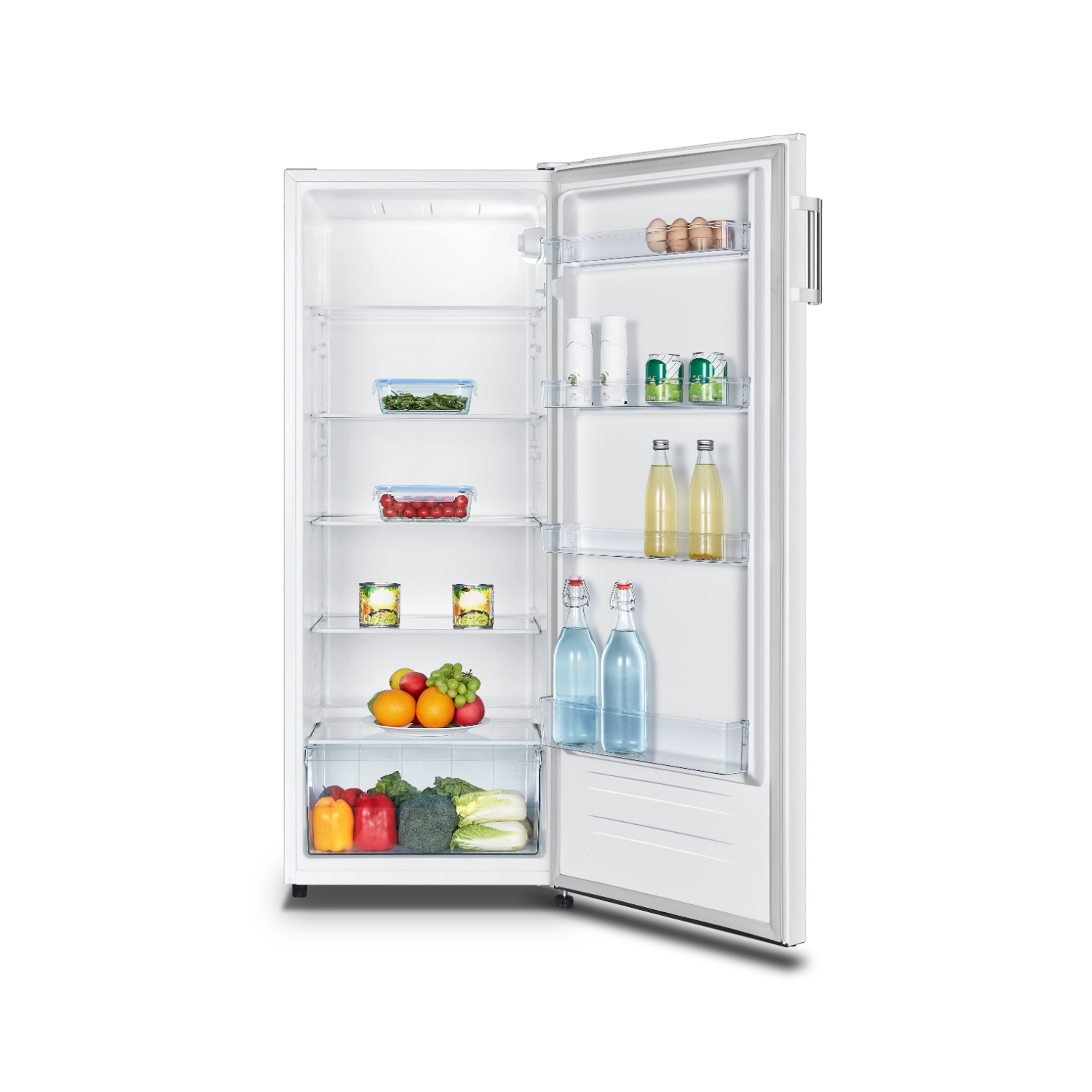 Open refrigerator with shelves of food and beverages, showing a well-stocked interior.