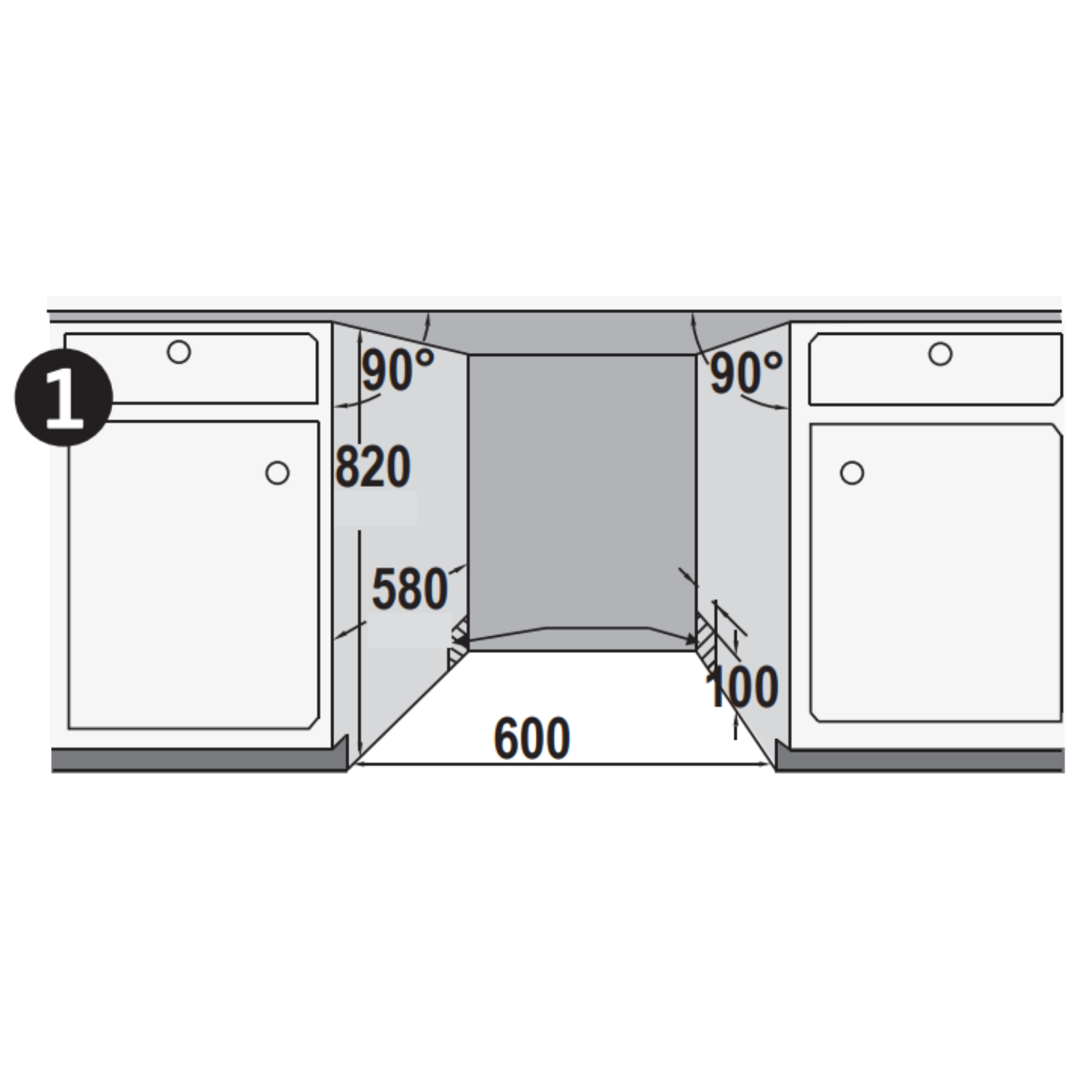 Zwart-wit diagram van een keuken met afmetingen, dat de indeling van de kasten toont.