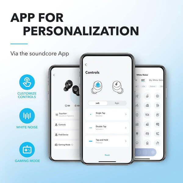 Trzy telefony komórkowe wyświetlające aplikację soundcore do personalizacji funkcji słuchawek.