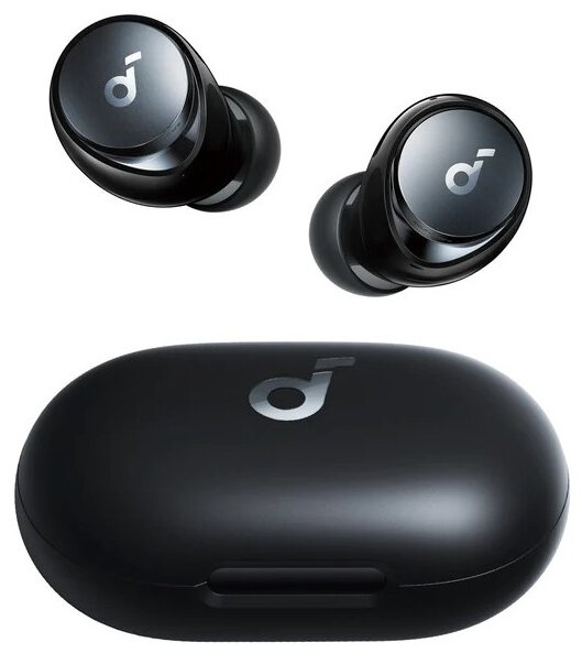 Czarne bezprzewodowe słuchawki douszne i etui ładujące. Etui i słuchawki mają srebrne logo.