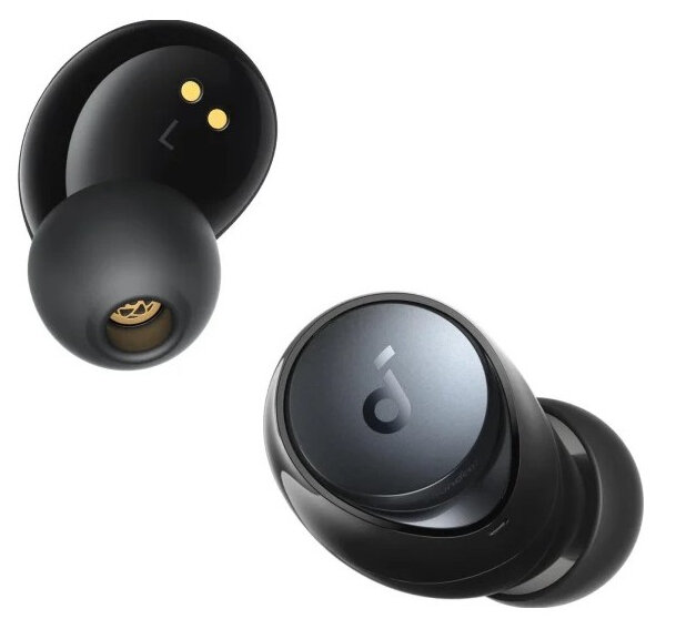 Czarne słuchawki douszne Anker z etui ładującym. Jedna słuchawka poza etui.