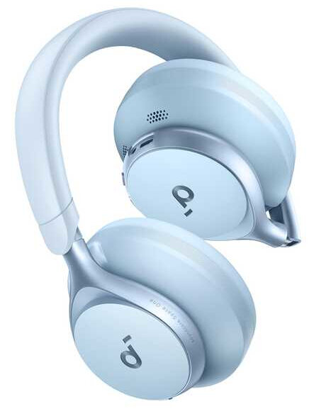Jasnoniebieskie słuchawki bezprzewodowe, marka Anker, z okrągłą konstrukcją nauszników.