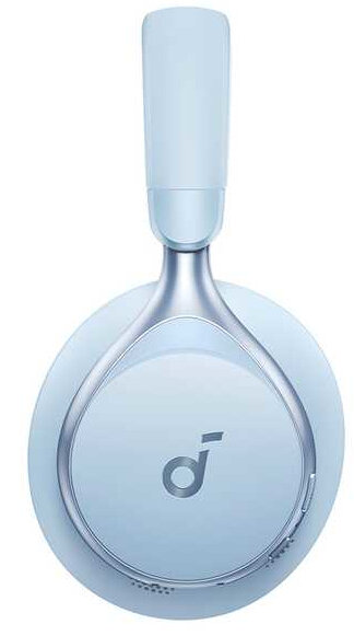 Jasnoniebieskie słuchawki nauszne ze srebrnymi akcentami. Logo 'd' znajduje się na nauszniku.
