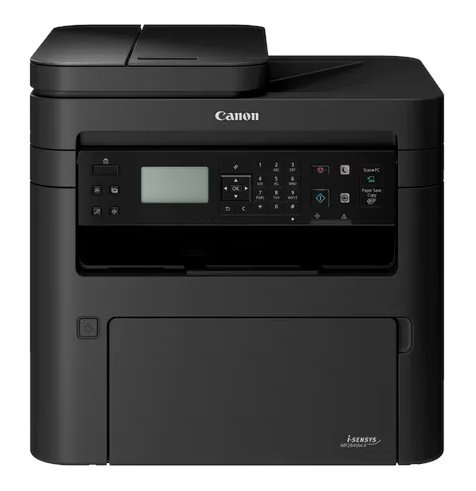 Czarna drukarka Canon z panelem sterowania i podajnikiem papieru na górze.