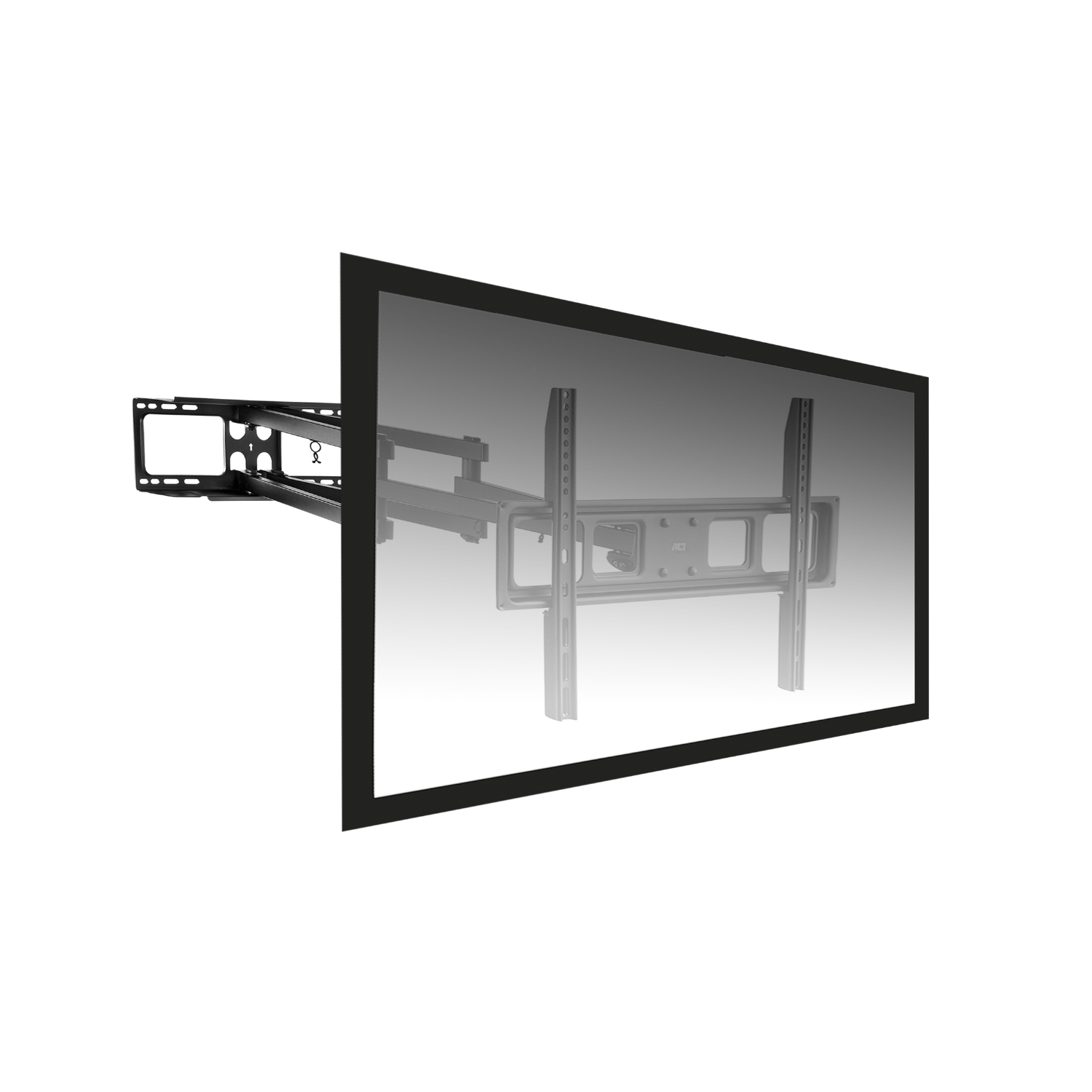 A black TV mounted on a wall bracket, against a white background.