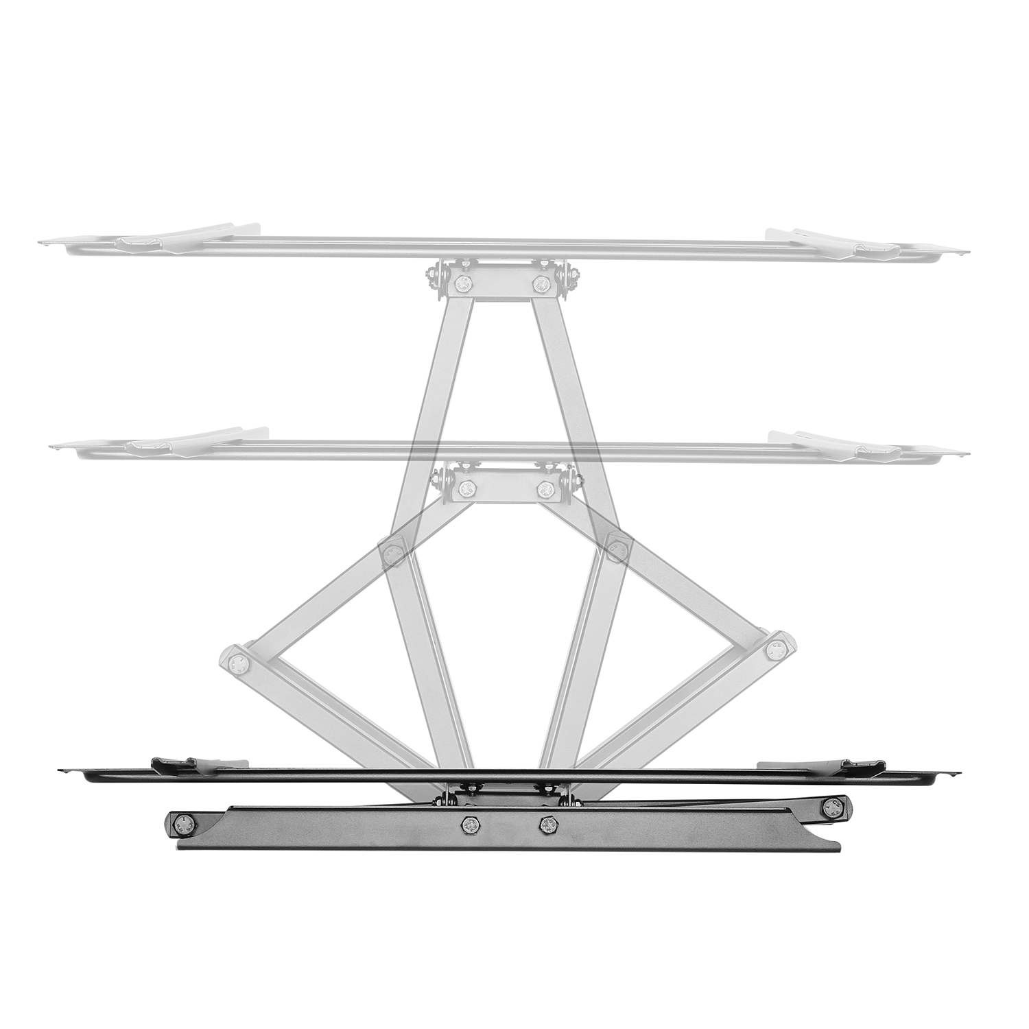 TV wall mount with multiple stages of movement. Shows various positions in a grayscale outline.