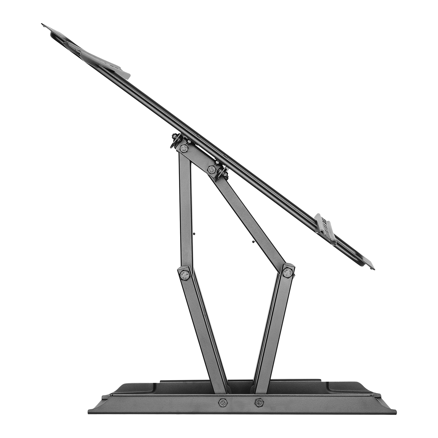Adjustable stand, black metal. Angled, with two panels to hold papers.