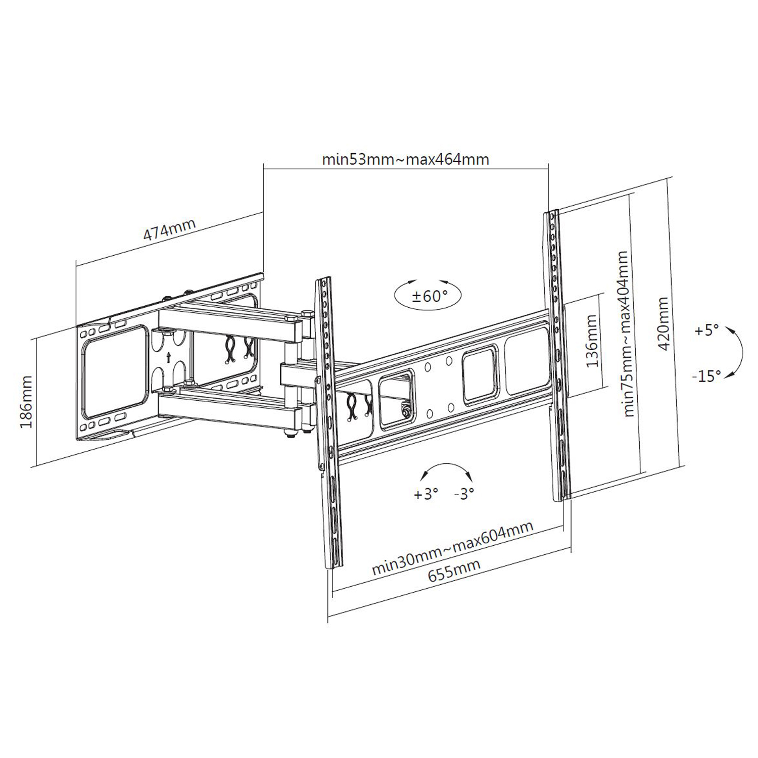 A drawing of a TV wall mount with measurements.