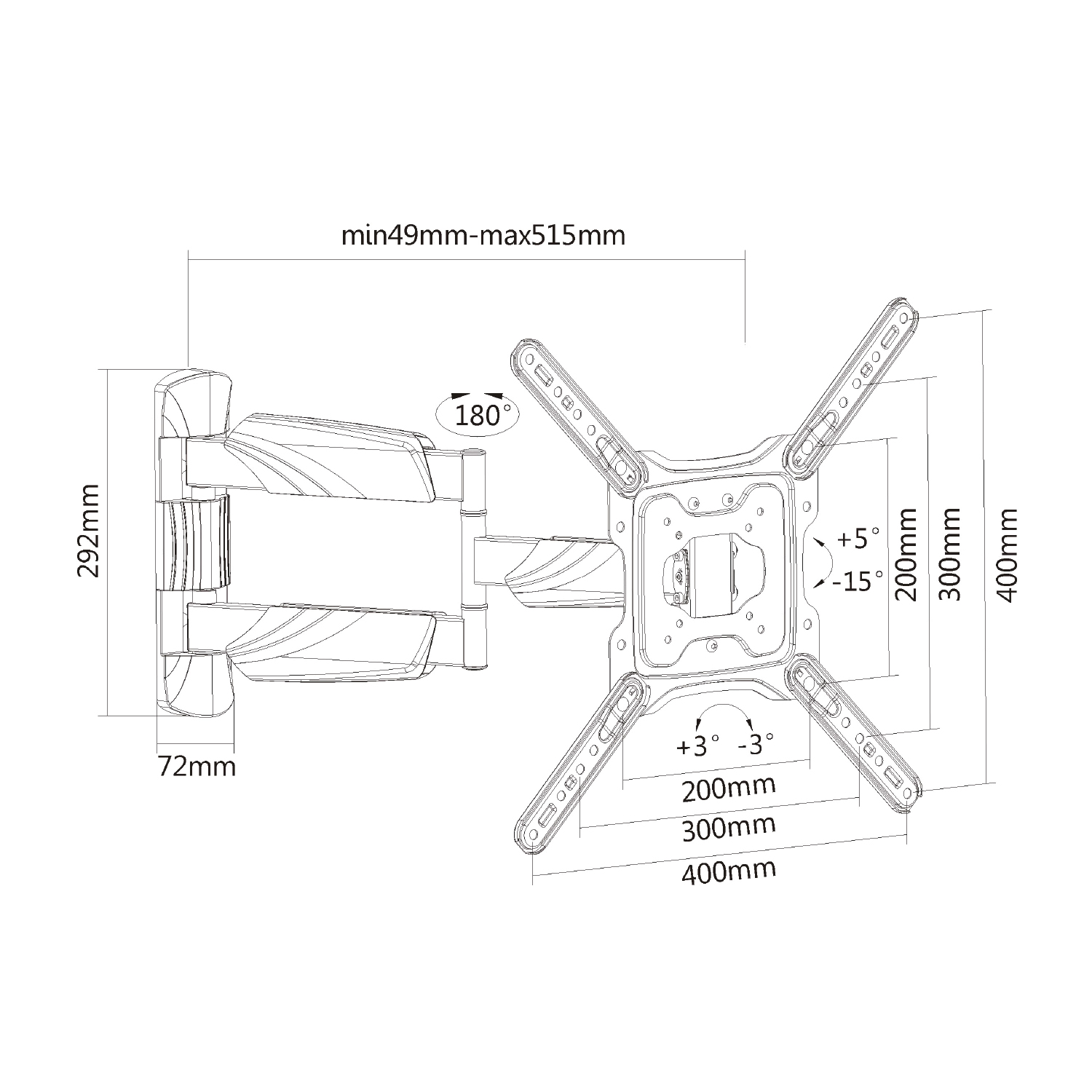 Diagram van een tv-muurbeugel, met afmetingen en hoeken voor installatie.