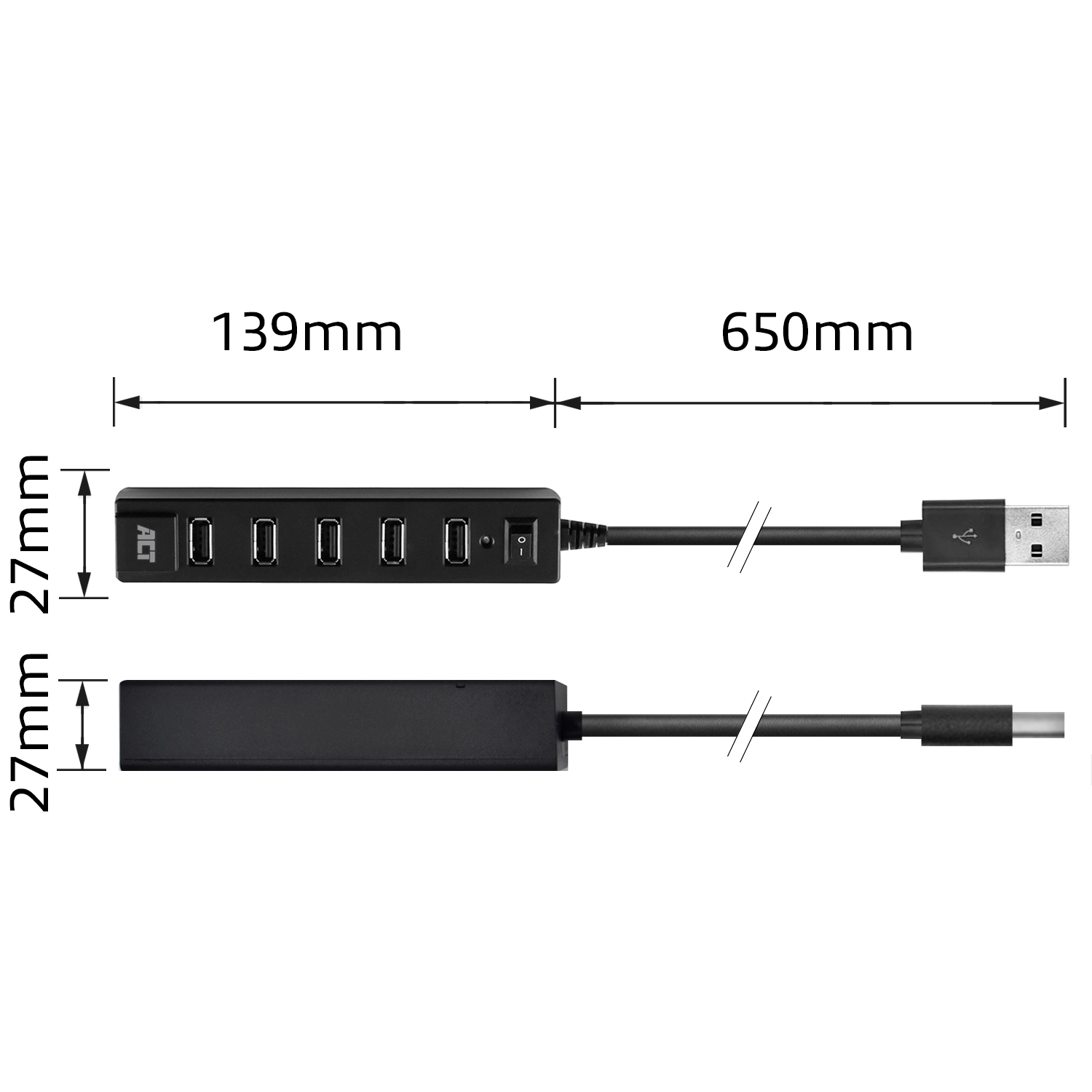 USB hub with 7 ports and a USB-C port. Text shows dimensions: 139mm and 650mm. Black color.