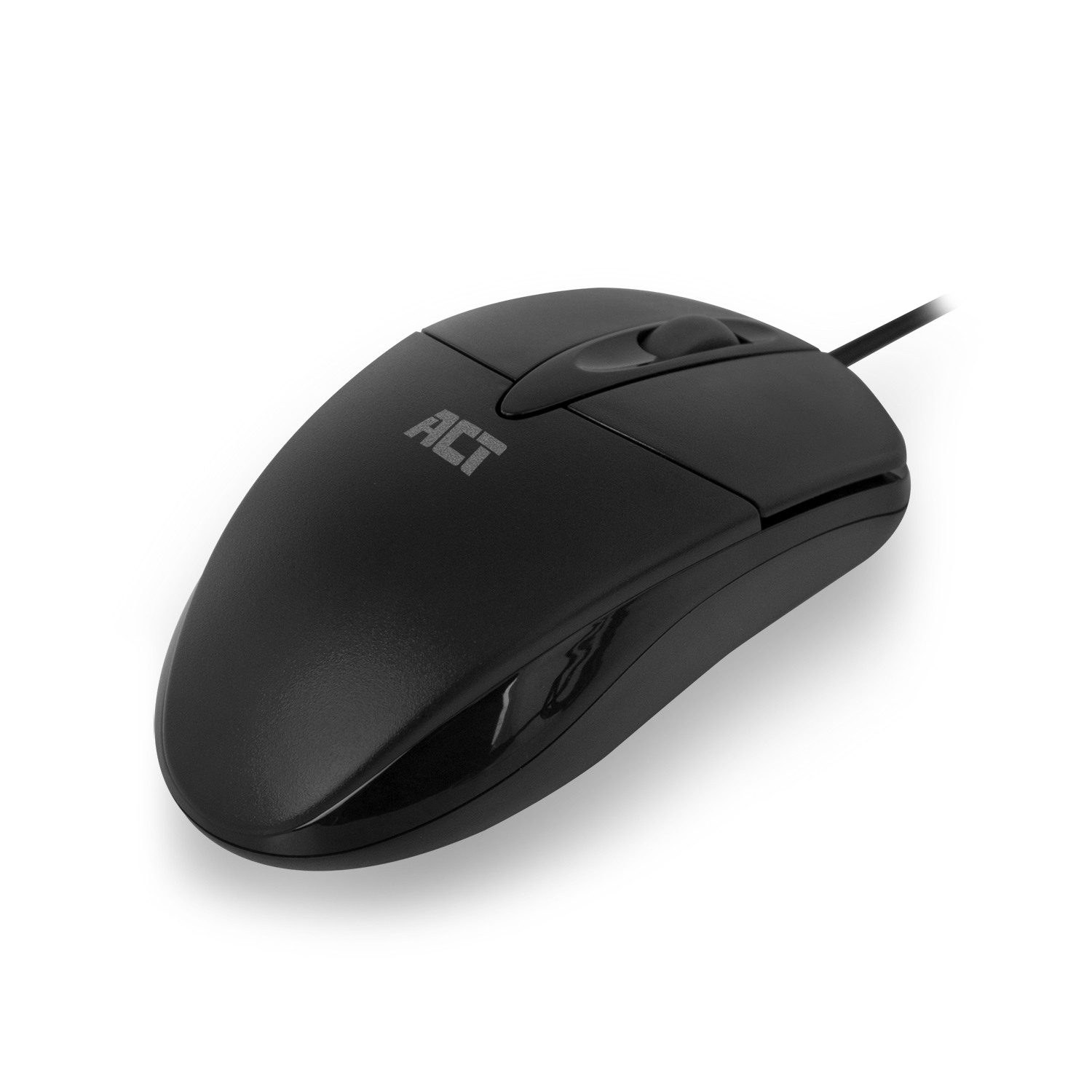 A black computer mouse with a curved design, and a cable.