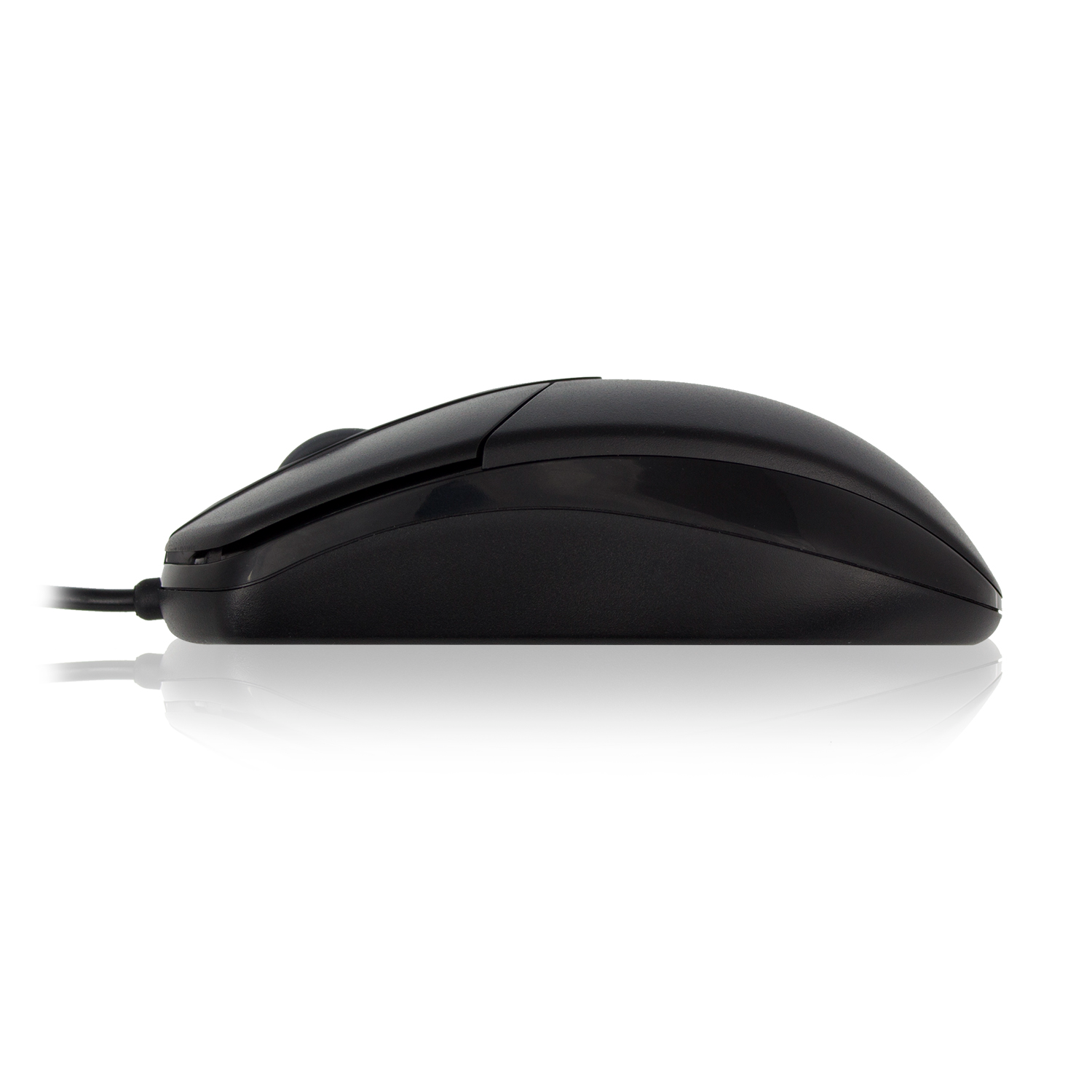 Black computer mouse with a scroll wheel.